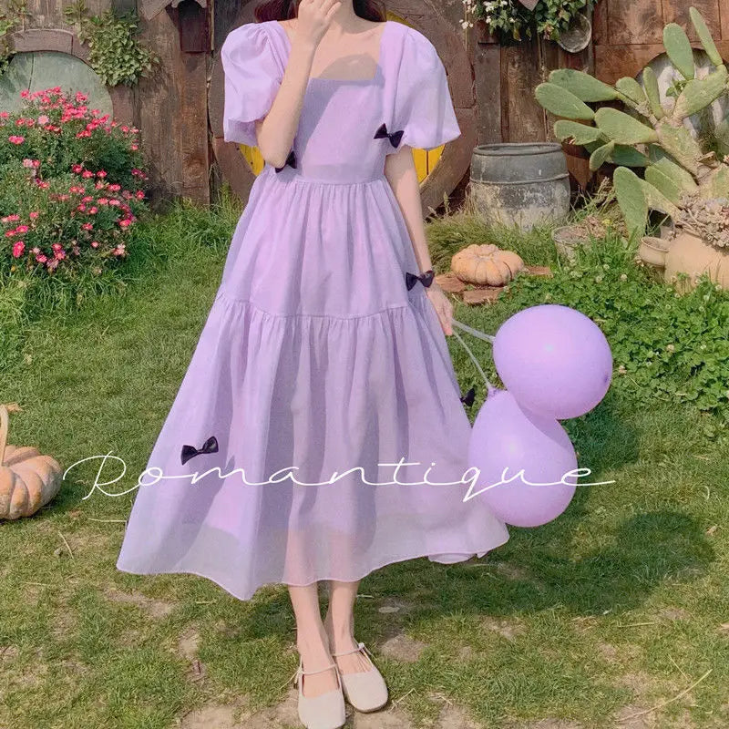 French Square Neck Puff Sleeve Dress Women Mesh Bow Loose Long Summer New Purple Dresses Female