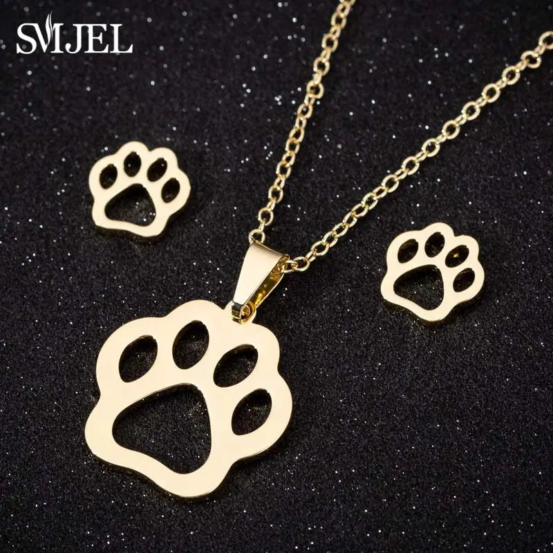 Hermoso juego de joyas de acero inoxidable con forma de gato gatito de color dorado, collares para hombre, collares de moda, pendientes de gato huecos, collar de pata