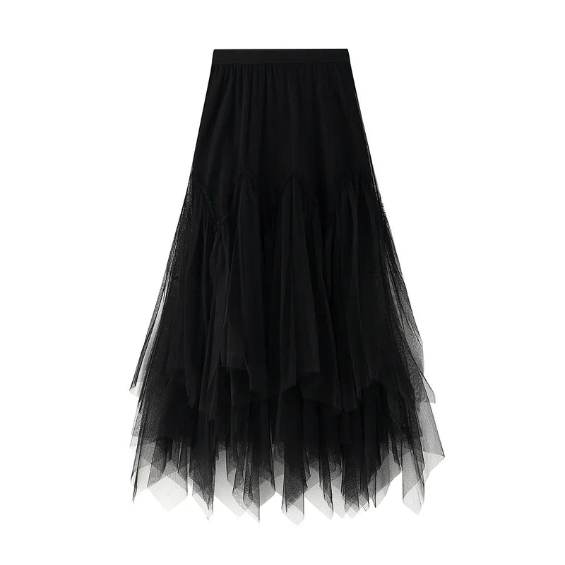 OHRYIYIE Women irregular Long Tulle Skirts Ladies High Waist Ankle-Length Tutu Maxi Skirts Beige Green Female Faldas Jupe Femme