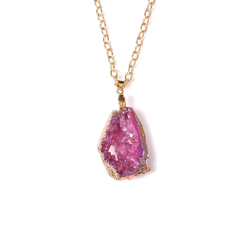 Metal chain healing energy necklace for women Dyed Natural crystal agat druzy crystal Minerals gem stone pendant charm necklace