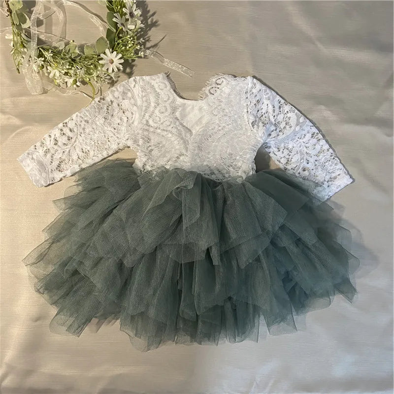 Toddler Girl Ruffles Bridesmaid Dress for Kids Lace Open Back Long Sleeve Tutus Flowers Girls Wedding Costume Clothing