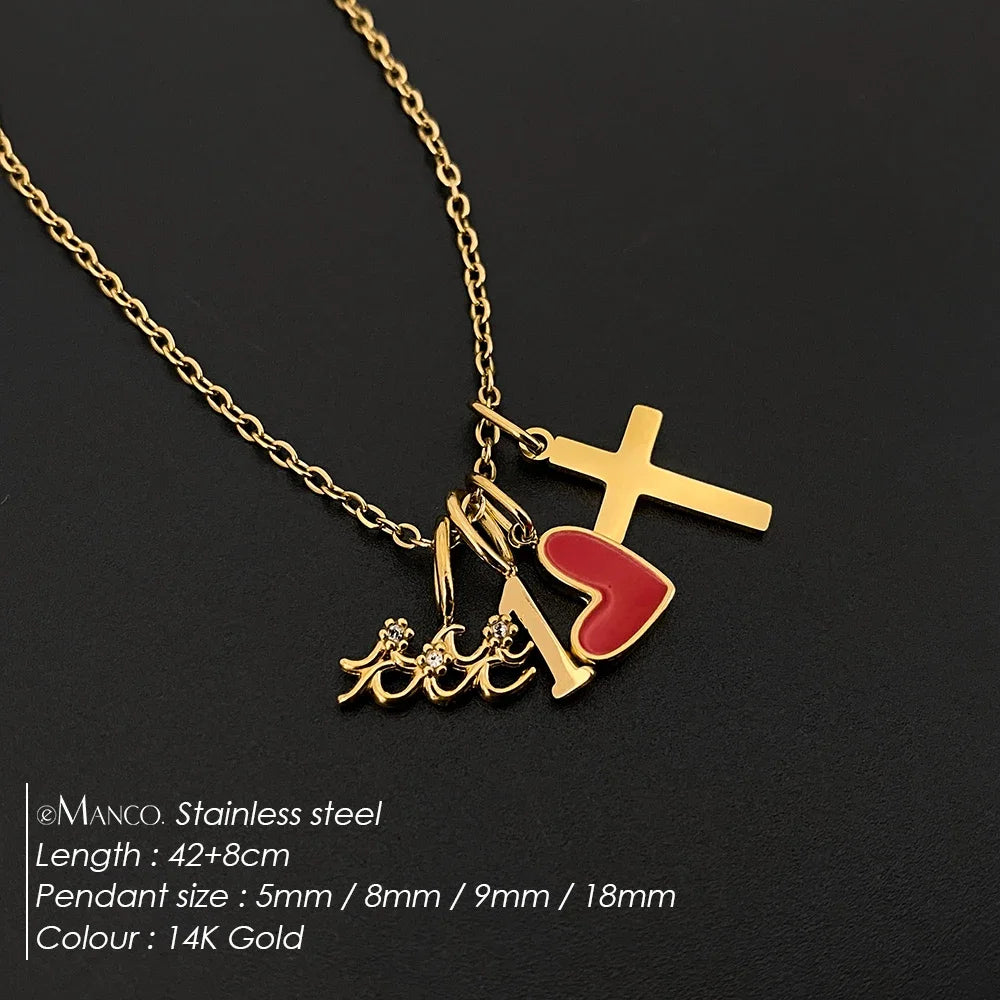 Emanco Gold Color Stainless Steel Necklace Romantic Style Heart Cross Zircon Elements Occasion Trendy Statement Jewelry
