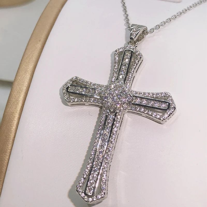 925 Silver Zircon Cross Long Chain Statement Necklace