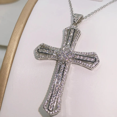925 Silver Zircon Cross Pendant Long Chain Necklace For Women Twinkling Statement Jewelry