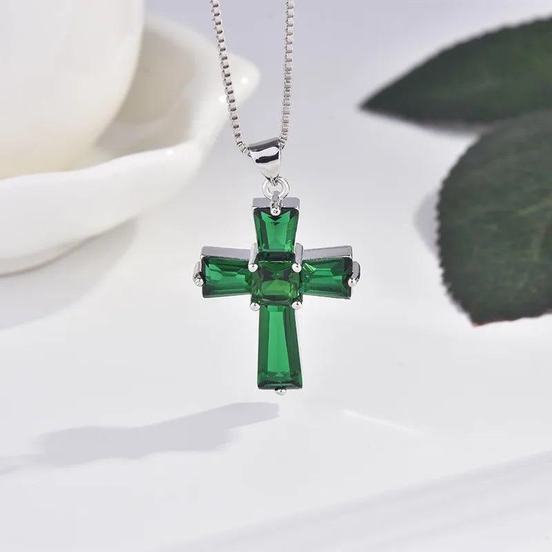 Handmade Emerald Cross Pendant Real 925 Sterling Silver Wedding Pendants Necklace For Women'S Men Genuine Gemstone Jewelry