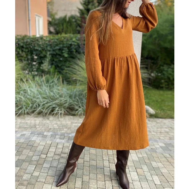 Casual 100% Cotton Women'S Dresses Muslin Sexy V-Neck Long Sleeve Elegant Maxi Dress Midi Robe Female Clothing