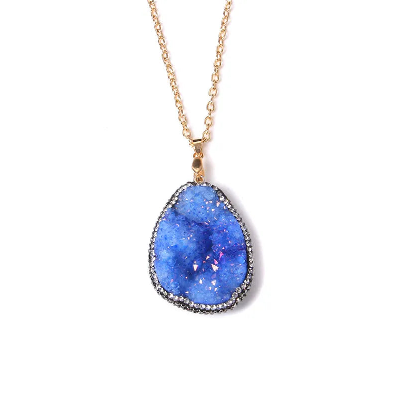 Metal chain healing energy necklace for women Dyed Natural crystal agat druzy crystal Minerals gem stone pendant charm necklace