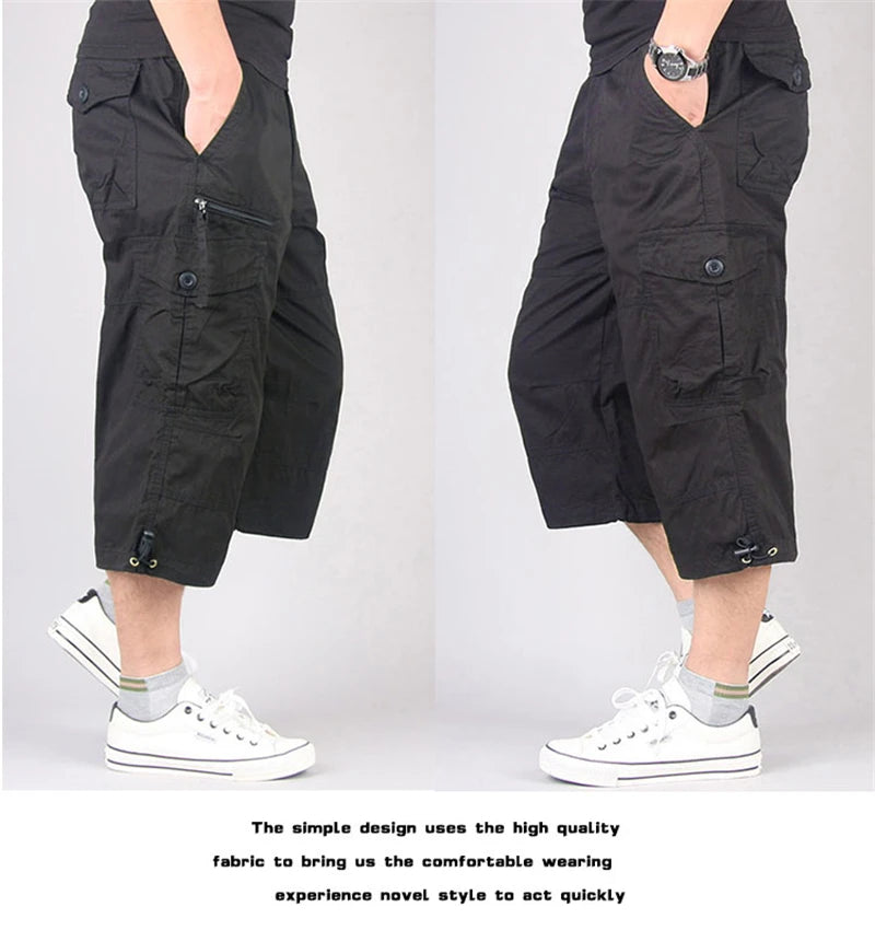 Long Length Cargo Shorts Men Summer Multi-Pocket Casual Cotton Elastic Capri Pants Men Military Tactical Short Hot Breeches  5XL