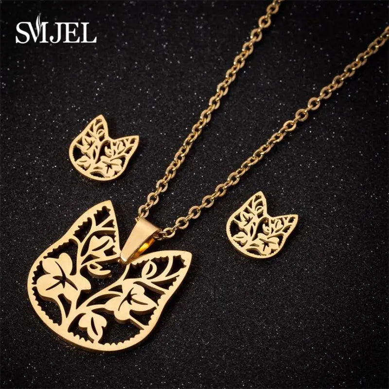 Hermoso juego de joyas de acero inoxidable con forma de gato gatito de color dorado, collares para hombre, collares de moda, pendientes de gato huecos, collar de pata