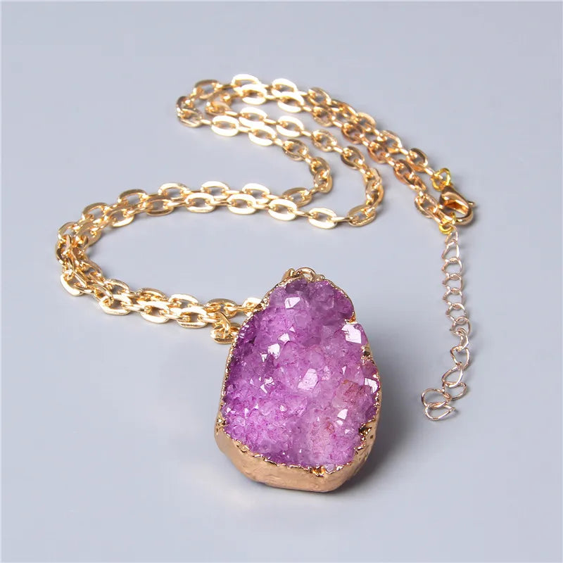 Metal chain healing energy necklace for women Dyed Natural crystal agat druzy crystal Minerals gem stone pendant charm necklace