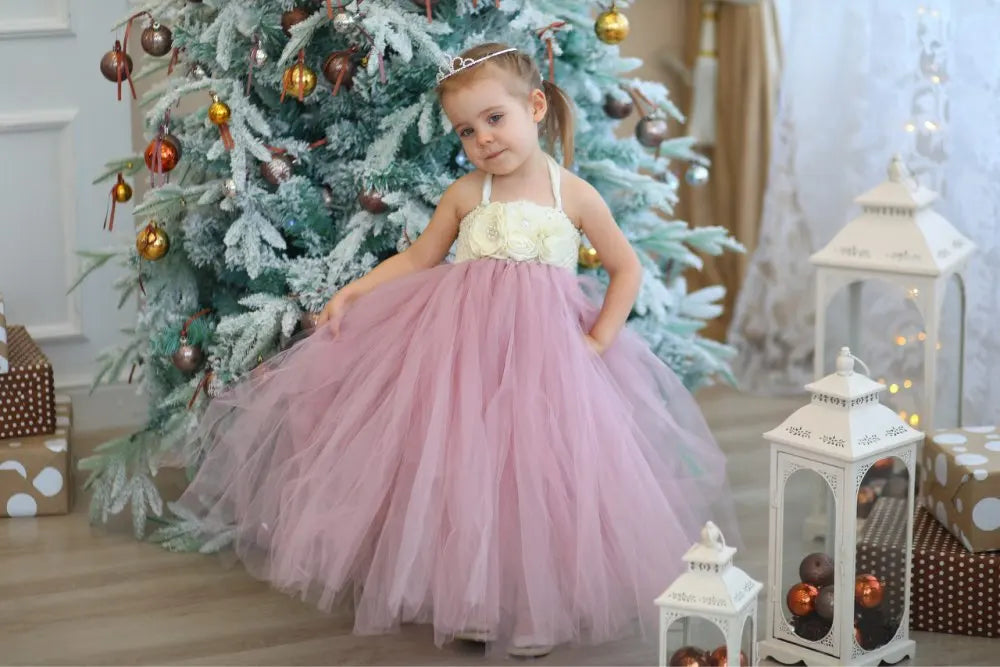 Lovely Girls Dirty Pink Tutu Dress Kids Crochet Flower Dress with Straps and Roses Children Birthday Party Cosplay Costume Dress