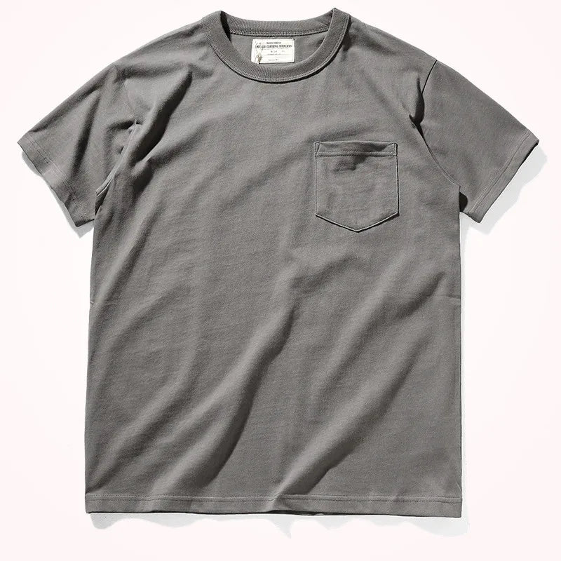 2025 Summer New Pocket T-shirt Men's Short-sleeved Retro Solid Color Simple Round Neck Heavy Weight Washed Old Bottoming Tops