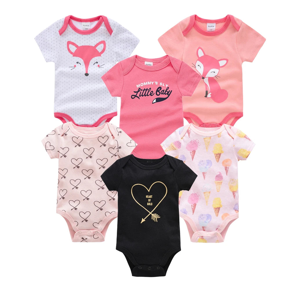 Kavkas Baby Bodysuits Short Sleeve Cotton Cartoon Print - 3-6 Pack