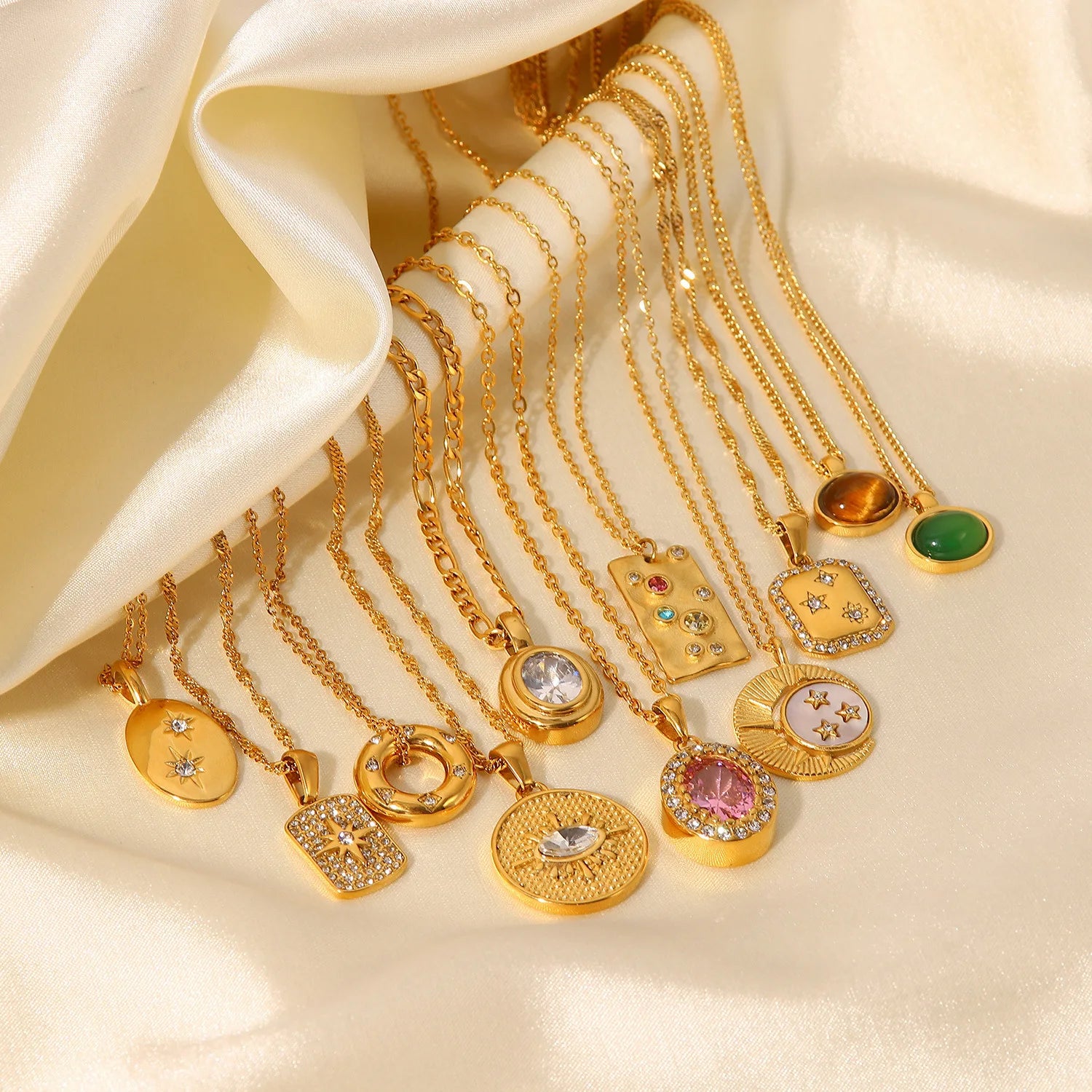 Fashion Oval Natural Tiger Eyes Gemstone Pendant Necklace Women'S 18K Gold Plated Stainless Steel Chain Necklace