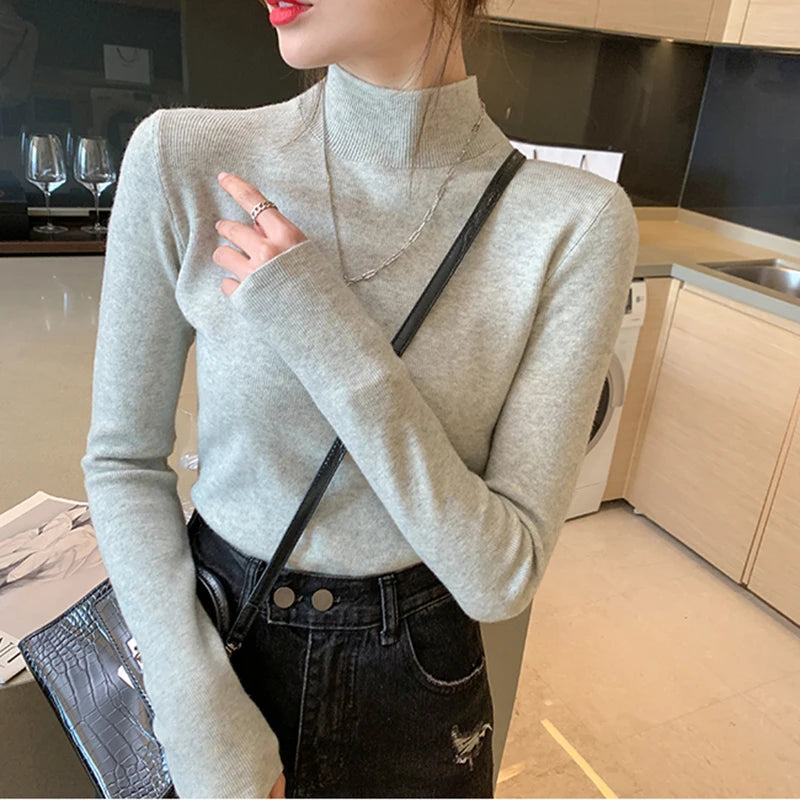 AOSSVIAO Turtleneck Sweater Women Fashion 2026 New Stretch Tops Women Knitted Pullovers Long Sleeve Bottoming Knitted Sweater