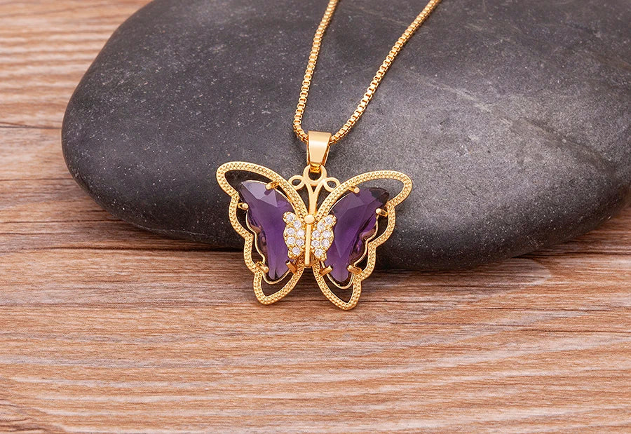 Nidin Top Quality Austrian Crystal Zircon 10 Colors Butterfly Pendant For Women Female Colorful Animal Necklace Jewelry Gifts