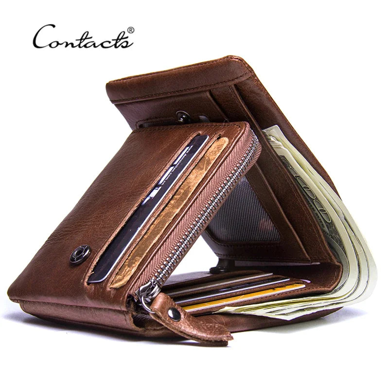 Contact’S Men’s Trifold Wallet - Genuine Crazy Horse Cowhide Leather