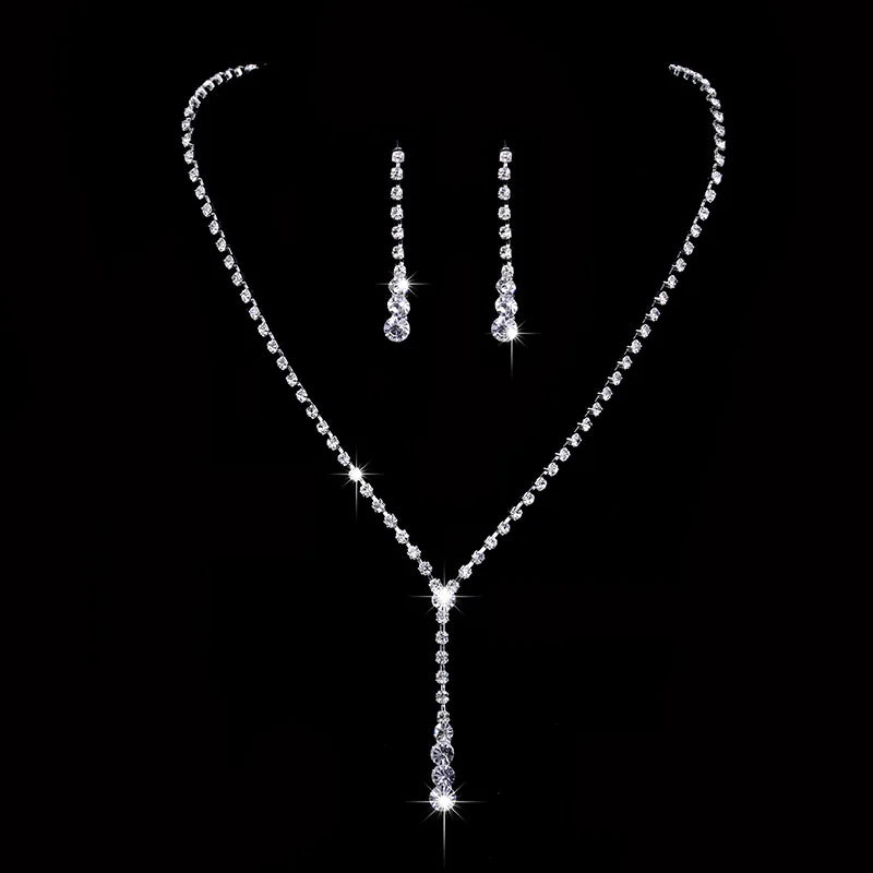 Fashion Crystal Bride Jewelry Set Rhinestone Silver-Plated Wedding Dress Banquet Necklace Earring Set Ladies