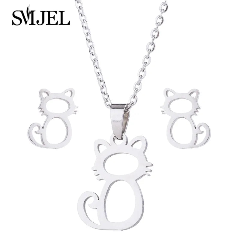 Hermoso juego de joyas de acero inoxidable con forma de gato gatito de color dorado, collares para hombre, collares de moda, pendientes de gato huecos, collar de pata