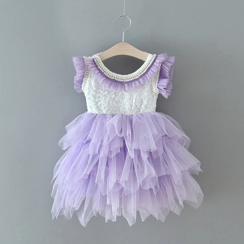 New Girl Dress Kids Flower Princess  Beading Dress for Baby Birthday Kids Flutter Sleeve Cake Dresses Children Clothing Caramel