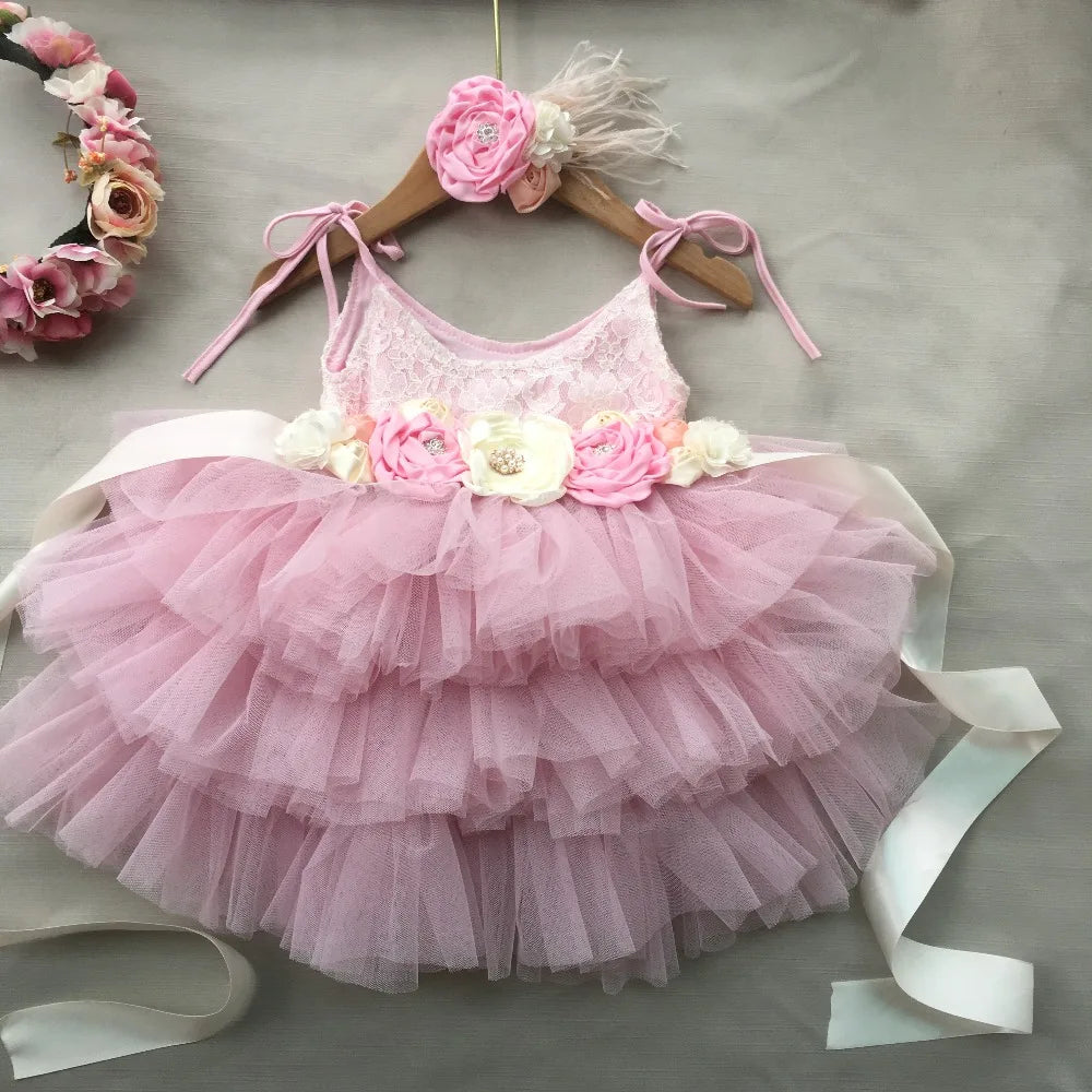 New Born Baby Girls Birthday Dress for Kids Flowers Girls Party Tutus Costume Belt Headband 3pcs Outfit Set Princess Vestidos
