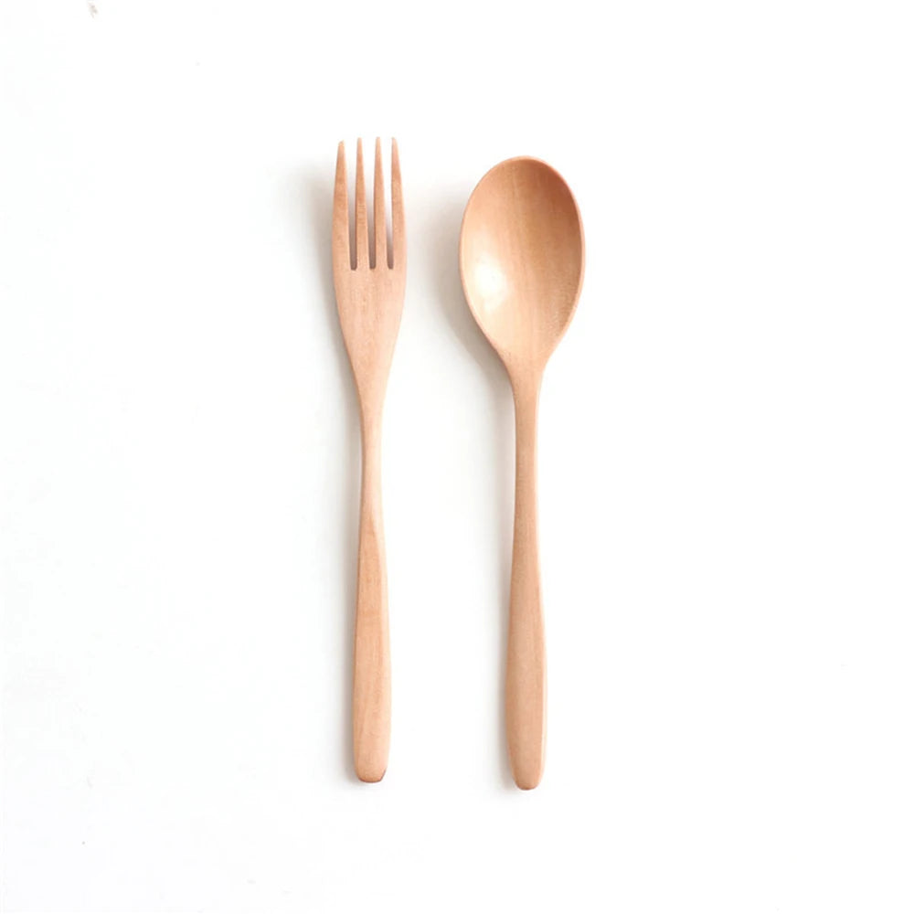 2 Cucharas y Tenedores de Madera Natural para Cena, Kit de Utensilios para Arroz, Sopas, Cereales, Hecho a Mano, Vajilla para Mesa de Hogar, Cubiertos para Cocina
