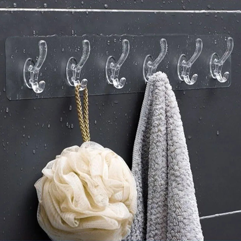 3/5/6 Hooks Transparent Holder Rack Bathroom Towel Sponge Storage Hanger Living Room Hat Clothes Seamless Hook Organiser