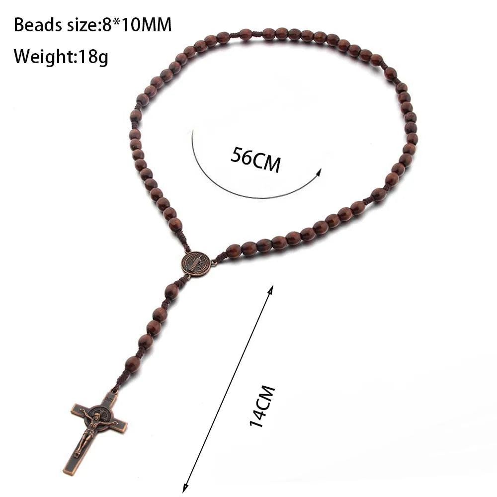 Jesus Cross Pendant Necklace Catholic Rosary Christian Religious Cross Hand Made Wooden Beads Exorcism Necklace Vintage Jewelry
