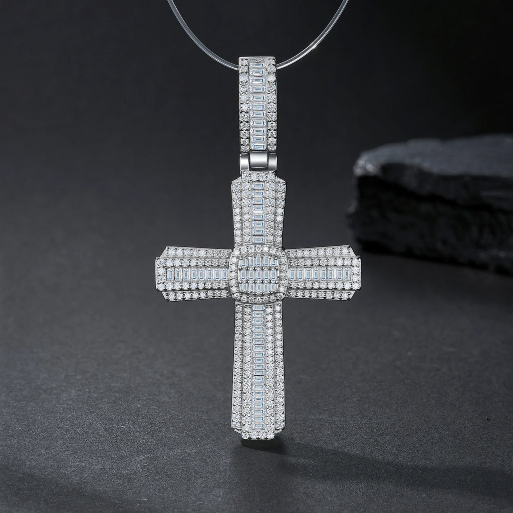 925 Silver Factory Direct Pendant Vvs1 Emerald Cut Moissanite Hip Hop Style Cross Birthday Fine Accessory Pendant