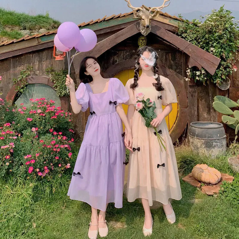 French Square Neck Puff Sleeve Dress Women Mesh Bow Loose Long Summer New Purple Dresses Female