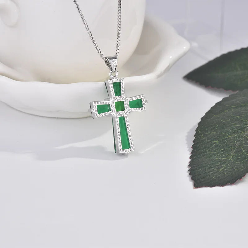 Handmade Emerald Cross Pendant Real 925 Sterling Silver Wedding Pendants Necklace For Women'S Men Genuine Gemstone Jewelry