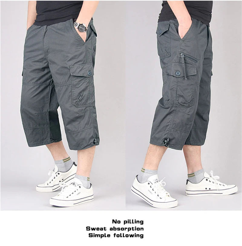 Long Length Cargo Shorts Men Summer Multi-Pocket Casual Cotton Elastic Capri Pants Men Military Tactical Short Hot Breeches  5XL