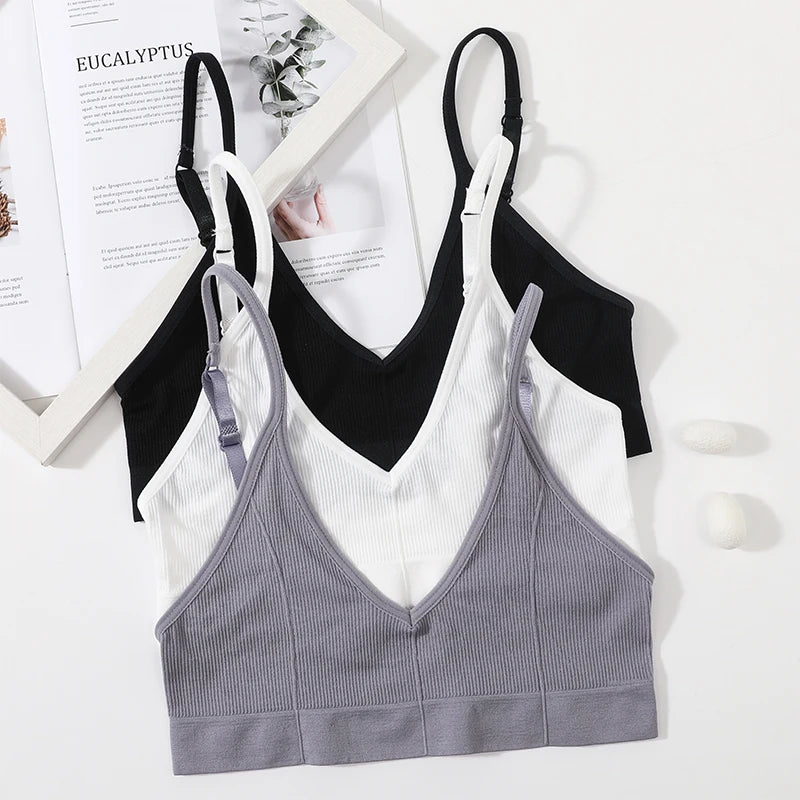 Seamless Tube Top Women's Ribbed V-Neck Wireless Bralette U-Back Daily Wear Bra Sexy Lingerie Adjust Straps Sports Underwear M-L