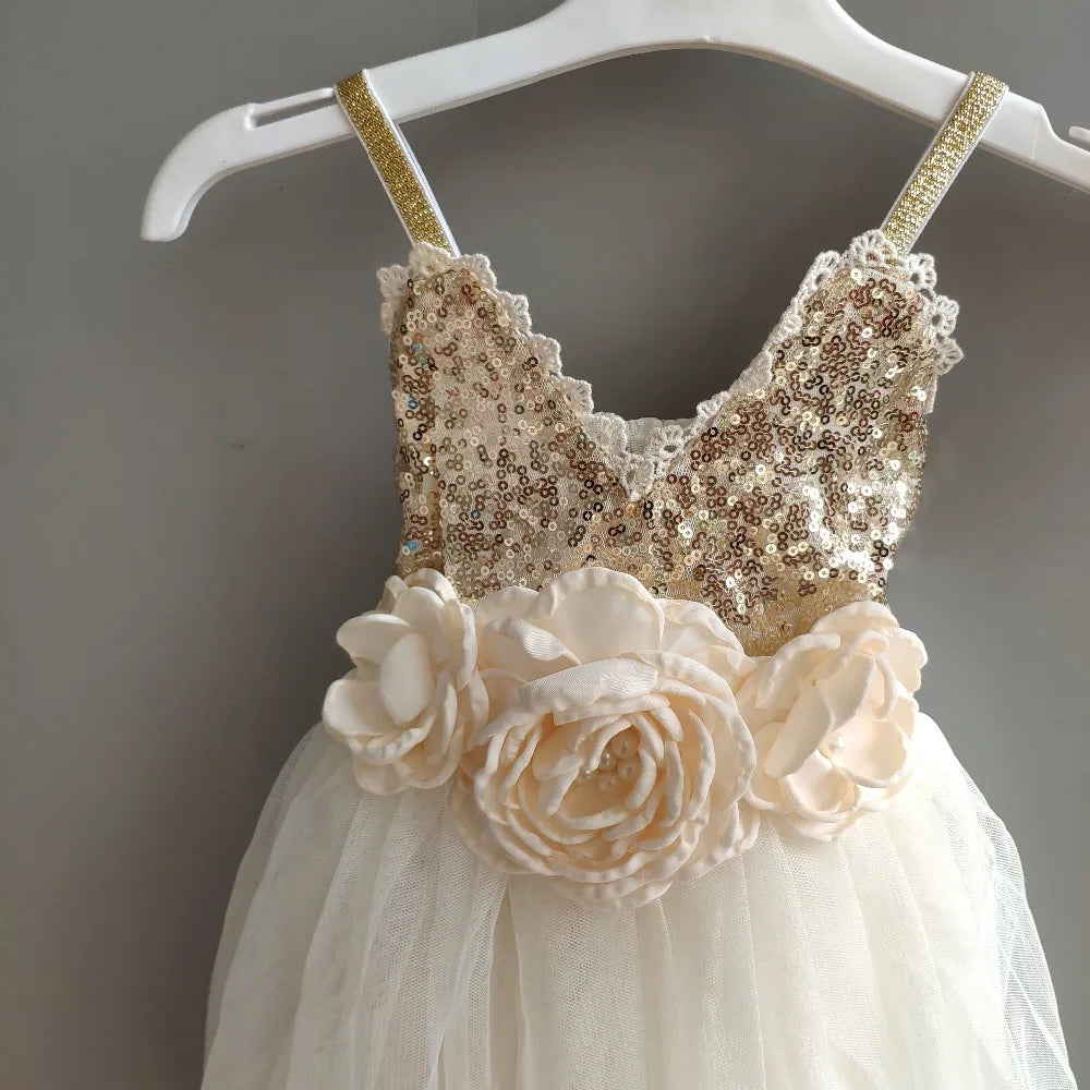 Shinny Flower Girls Christmas Dress for Kids Toddle Party Gown Gold Sequined Layered Tutu Dress Children New Year Dress Clothing