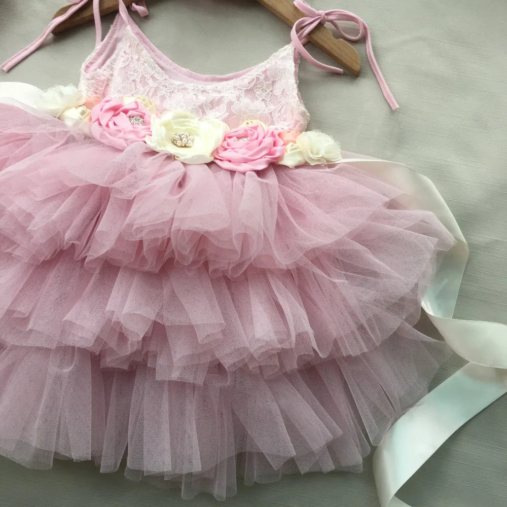 New Born Baby Girls Birthday Dress for Kids Flowers Girls Party Tutus Costume Belt Headband 3pcs Outfit Set Princess Vestidos