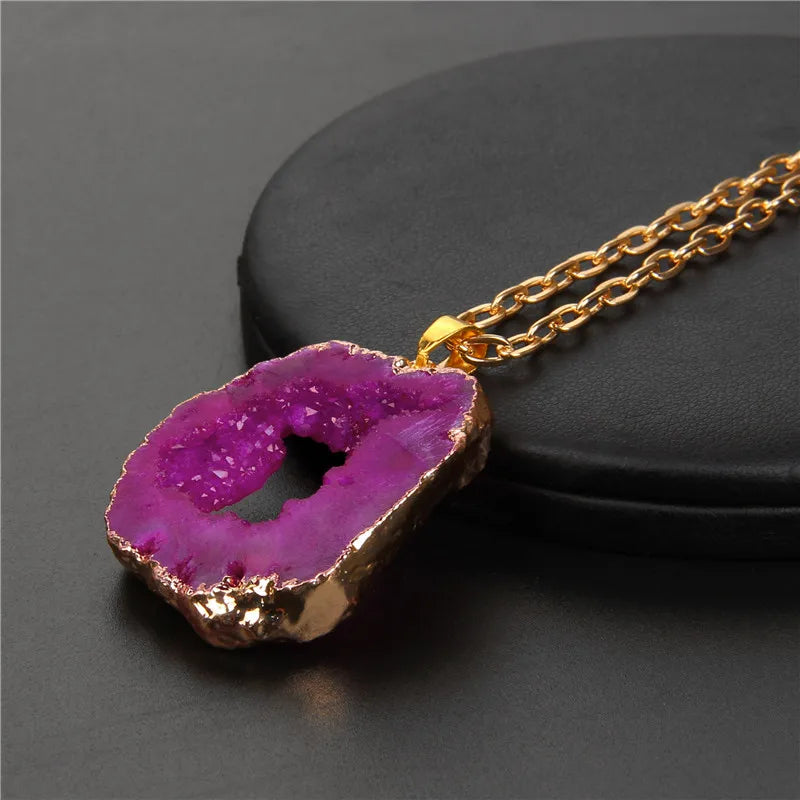 Metal chain healing energy necklace for women Dyed Natural crystal agat druzy crystal Minerals gem stone pendant charm necklace