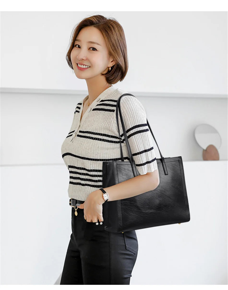 Vintage Large Capatity Tote Shoulder Bags Fashion Top-Handle Bags High Quality Leather Bags Casual Letter Design Handbag