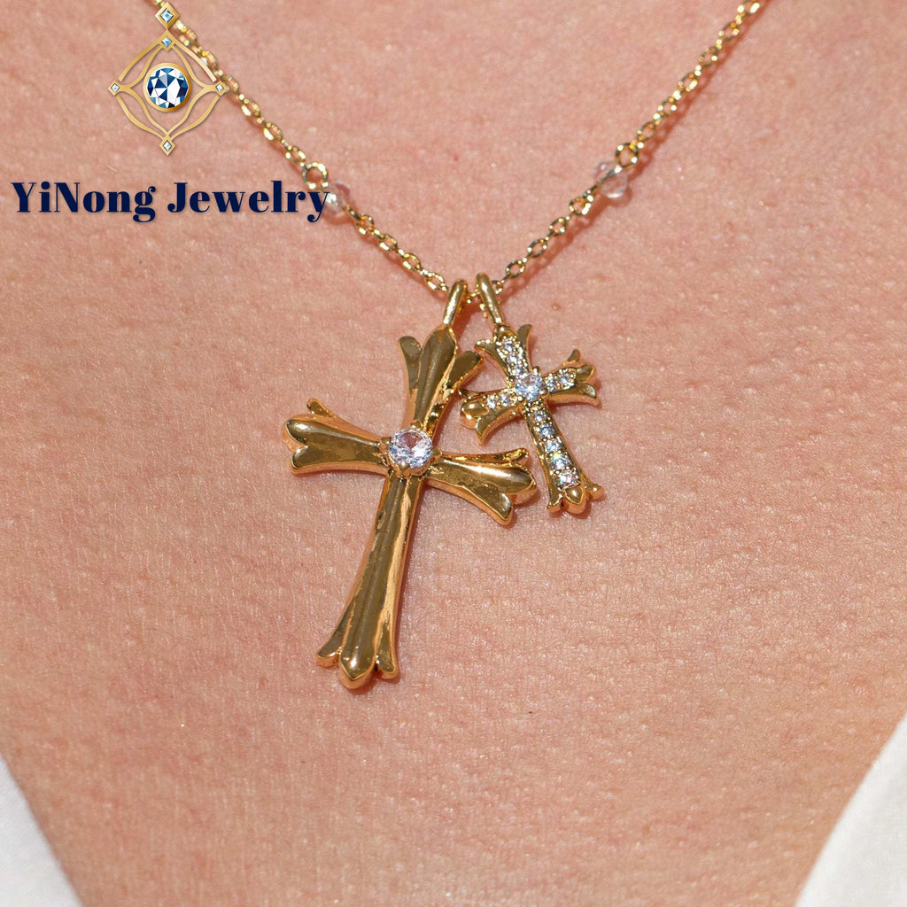 Stainless Steel Igi Certificate 18K Gold Plated Cross Crystal Rhinestone Bamboo Chain Pendant Necklace For Anniversary Wedding