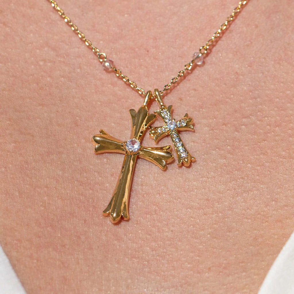 Stainless Steel Igi Certificate 18K Gold Plated Cross Crystal Rhinestone Bamboo Chain Pendant Necklace For Anniversary Wedding