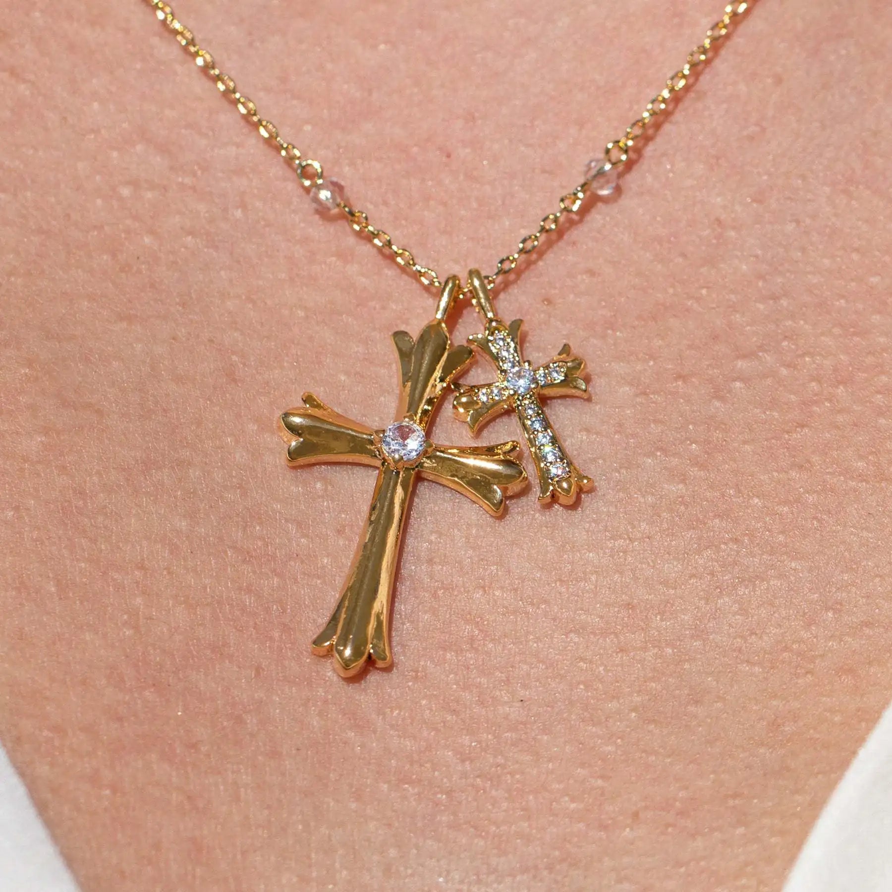 Stainless Steel Igi Certificate 18K Gold Plated Cross Crystal Rhinestone Bamboo Chain Pendant Necklace For Anniversary Wedding