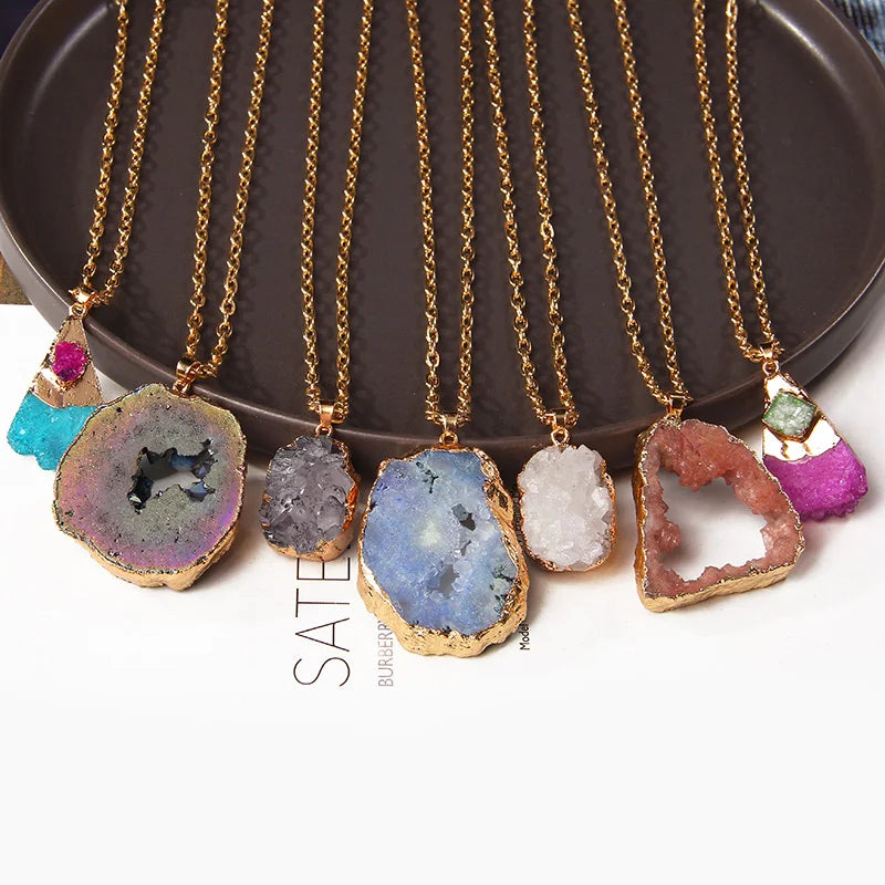 Metal chain healing energy necklace for women Dyed Natural crystal agat druzy crystal Minerals gem stone pendant charm necklace