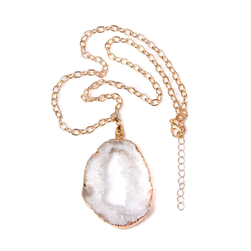 Metal chain healing energy necklace for women Dyed Natural crystal agat druzy crystal Minerals gem stone pendant charm necklace
