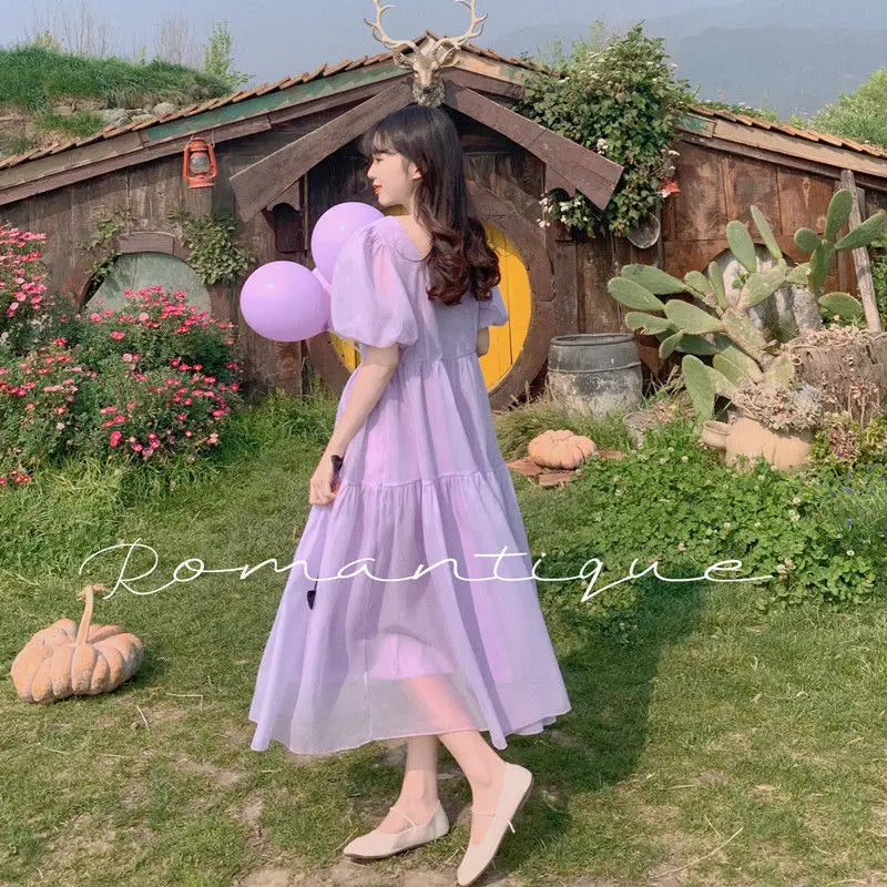 French Square Neck Puff Sleeve Dress Women Mesh Bow Loose Long Summer New Purple Dresses Female