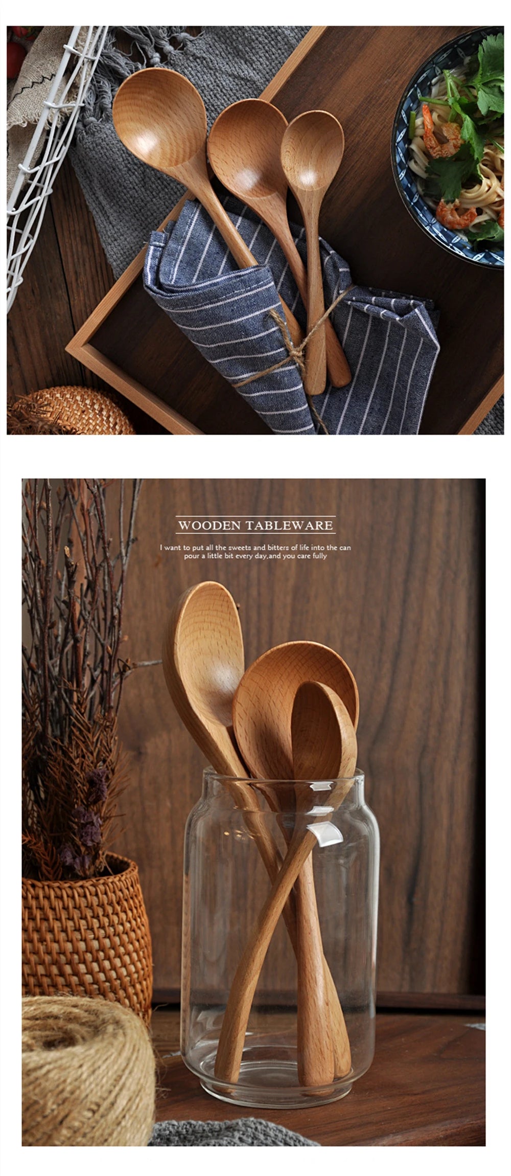 Wooden Spoon Rice Scoop Coffee Stirring Mixing Soup Spoons Natural Cooking Utensils Handmade Home Tableware Cutlery for Kicthen