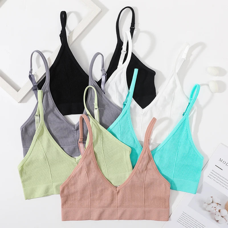 Seamless Tube Top Women's Ribbed V-Neck Wireless Bralette U-Back Daily Wear Bra Sexy Lingerie Adjust Straps Sports Underwear M-L