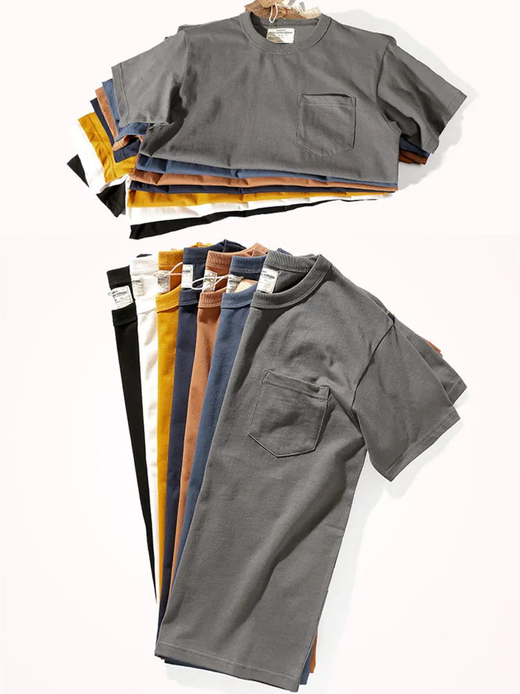 2025 Summer New Pocket T-shirt Men's Short-sleeved Retro Solid Color Simple Round Neck Heavy Weight Washed Old Bottoming Tops