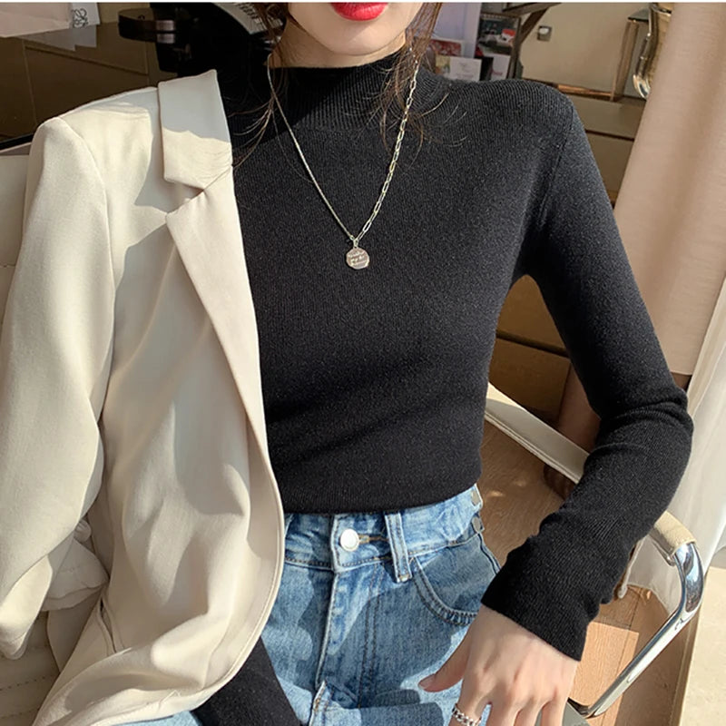 AOSSVIAO Turtleneck Sweater Women Fashion 2026 New Stretch Tops Women Knitted Pullovers Long Sleeve Bottoming Knitted Sweater