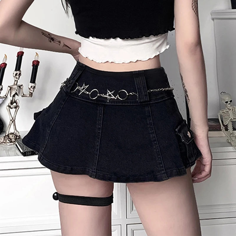 AltGoth Harajuku Y2k Denim Skirt Women Dark Gothic Streetwear Mini Skirt with Skull Belt Mall Goth Punk Grunge Sexy Emo Clubwear