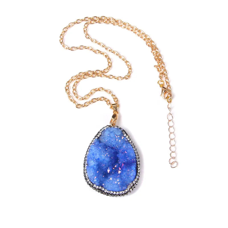 Metal chain healing energy necklace for women Dyed Natural crystal agat druzy crystal Minerals gem stone pendant charm necklace
