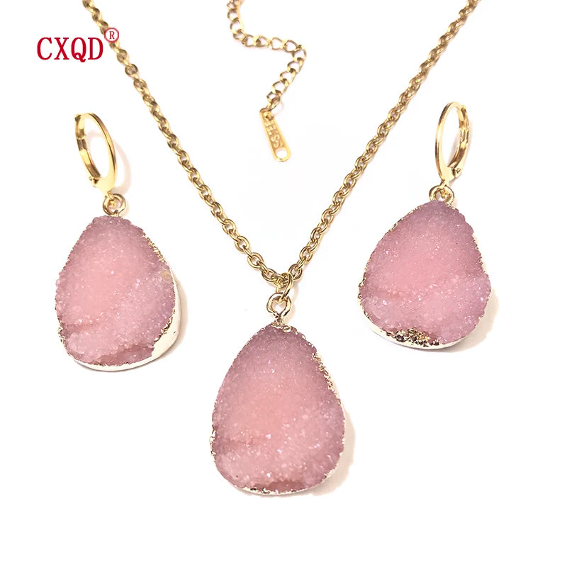 Fashion Cute Lady Water Drop Stainless Steel Resin Pendant Earring Necklace Combination Sweet Multicolor Girl Jewelry Party Gift
